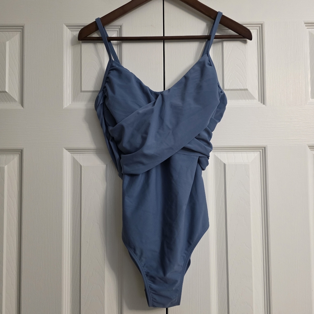 Cupshe Ruched One Piece Swimsuit Dusty Blue Twist Front Womens Medium